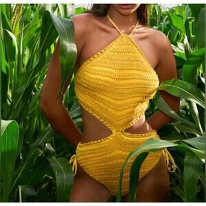 NWT Wet Swimwear Crochet One Piece Swimsuit Cut-Out Waist Saffron Women's S